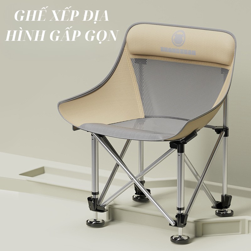 Ghế Xếp New Moon Mặt Trăng Thoáng Khí Và Dày Dặn,Nâng hạ dễ dàng + túi xách dệt mà vàng đen + 3 món bàng nhom – magie Màu xám bạc.