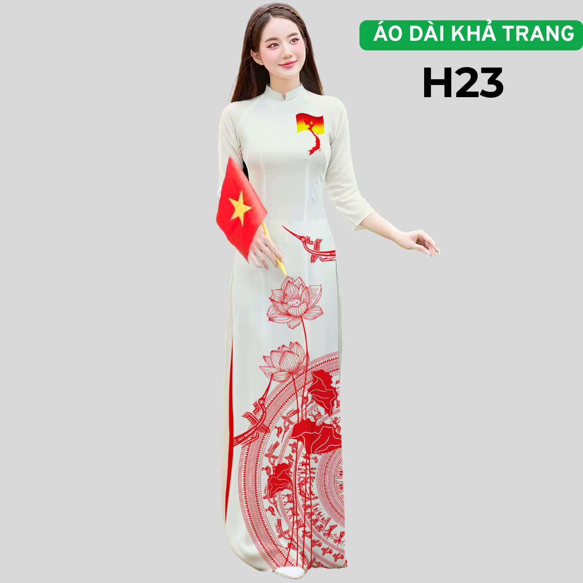 H23 Áo dài Sao Vàng nền Trắng Bản đồ chữ S Hoa sen Trống Đồng cổ cao 2Cm tay lỡ