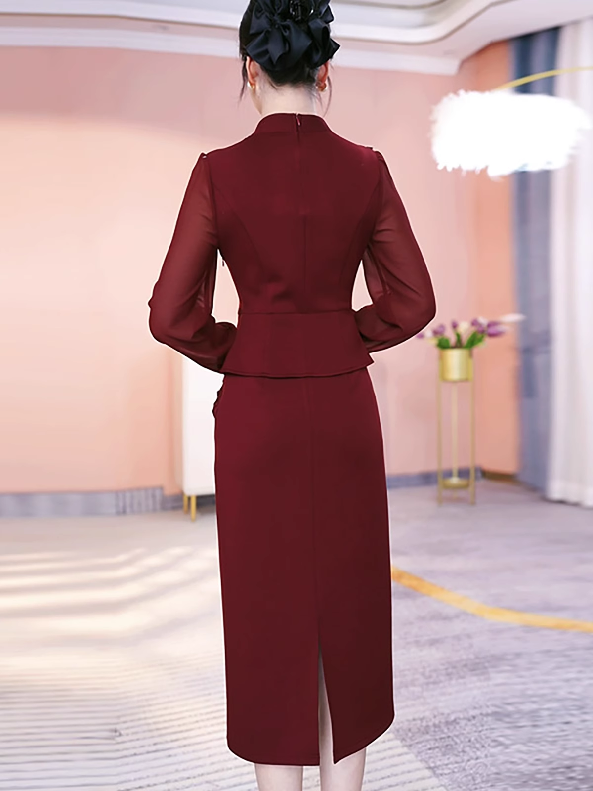 16565-Đầm suông đỏ đô dáng peplum phối tay  voan dài ( chéo nhật)_thumbnail_1