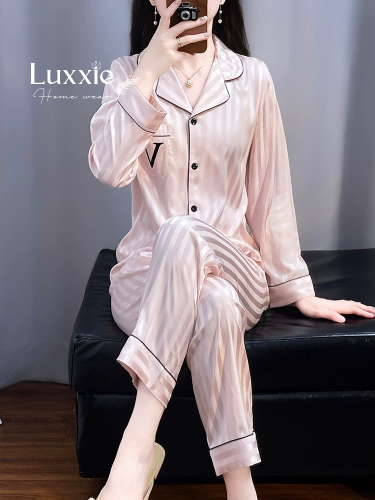N134 Pijama lụa sọc hồng túi V
