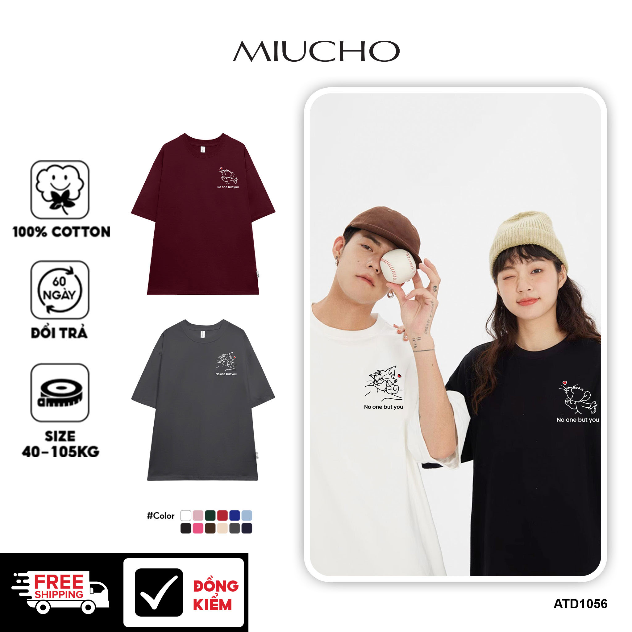 Áo thun couple form rộng cute hoạt hình unisex ATD1055 Miucho vải cotton tay lỡ cổ tròn in mix_thumbnail_1
