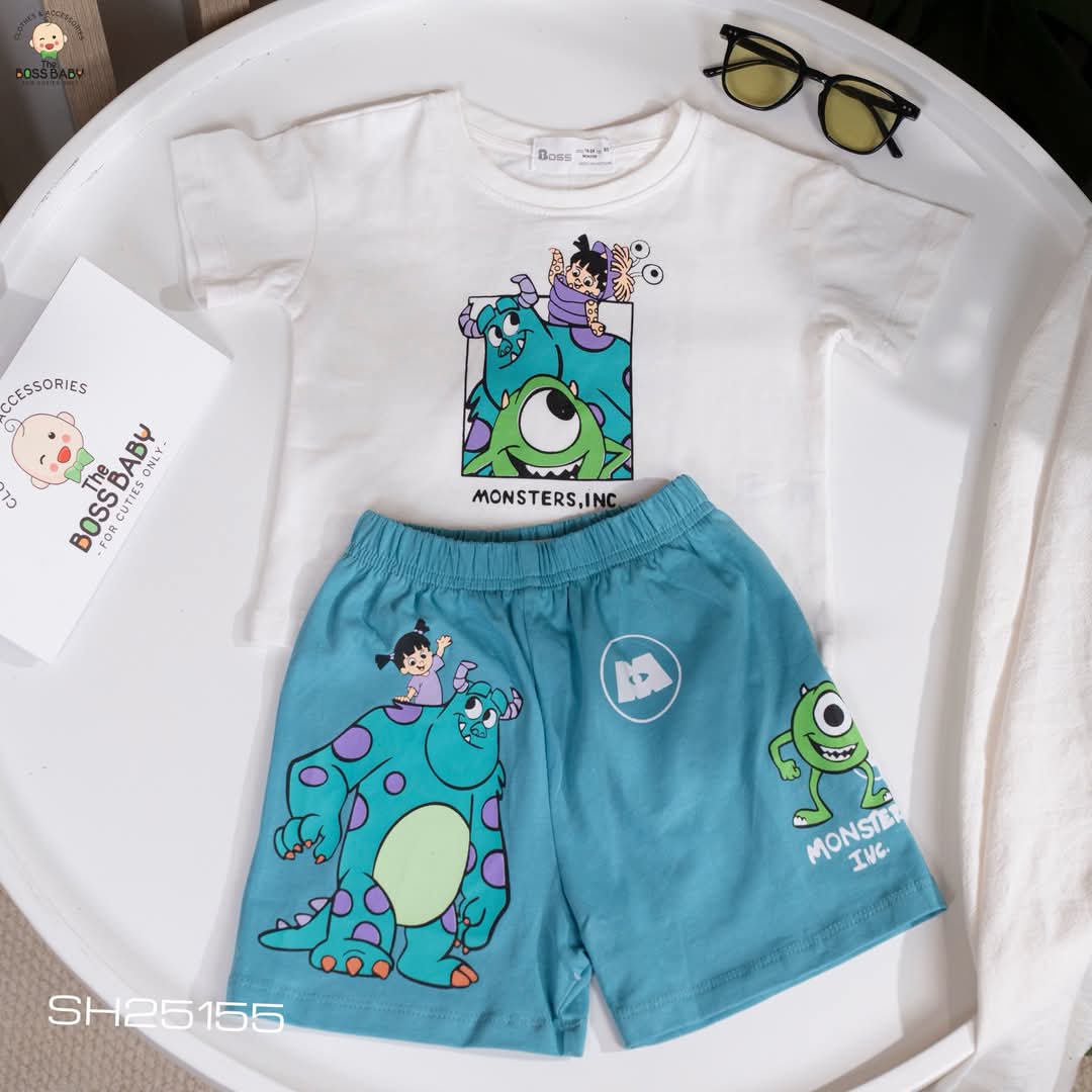 Set bộ cotton trắng xanh họa tiết monster