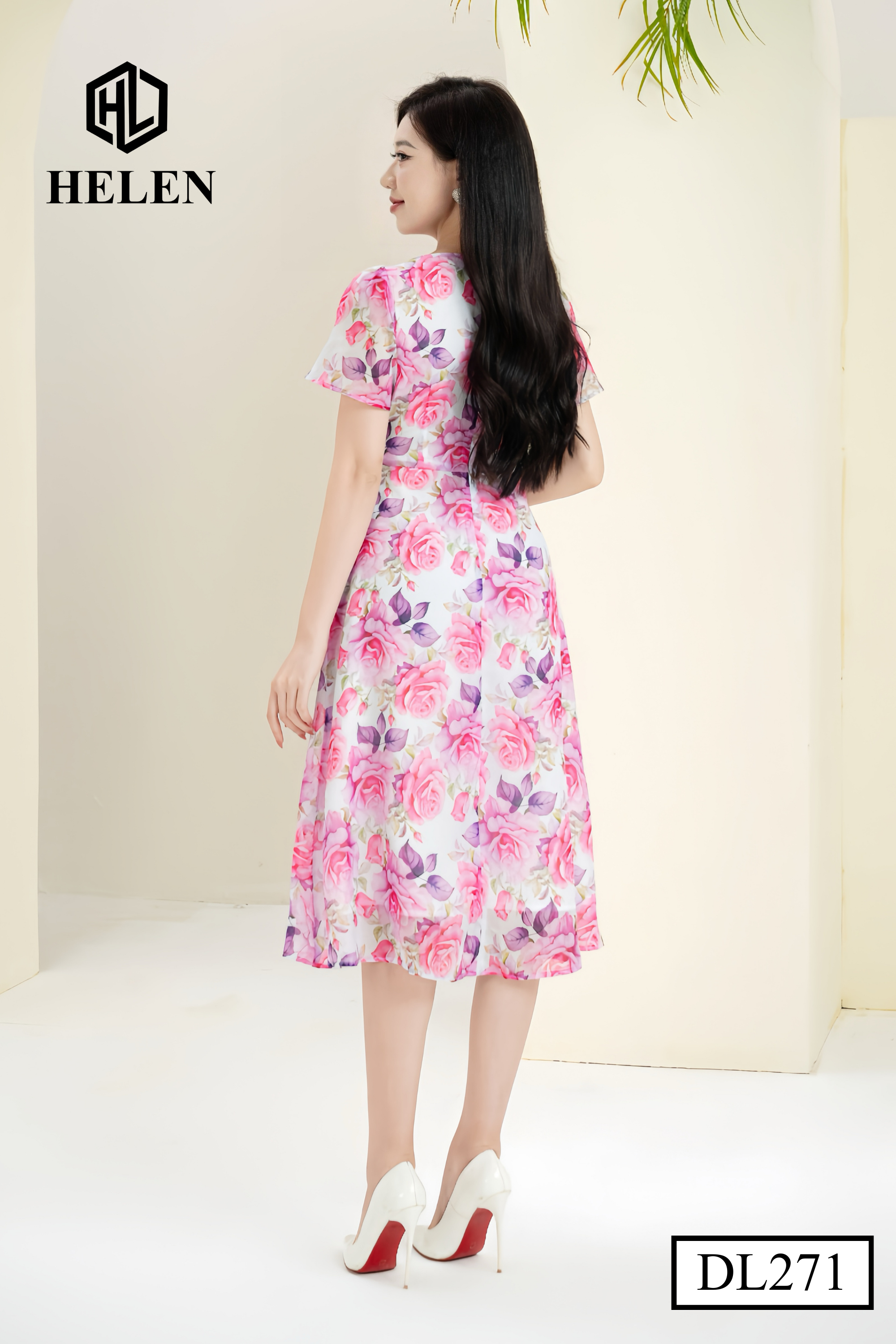 Đầm xòe hoa hồng cổ thuyển nhún vai DL271