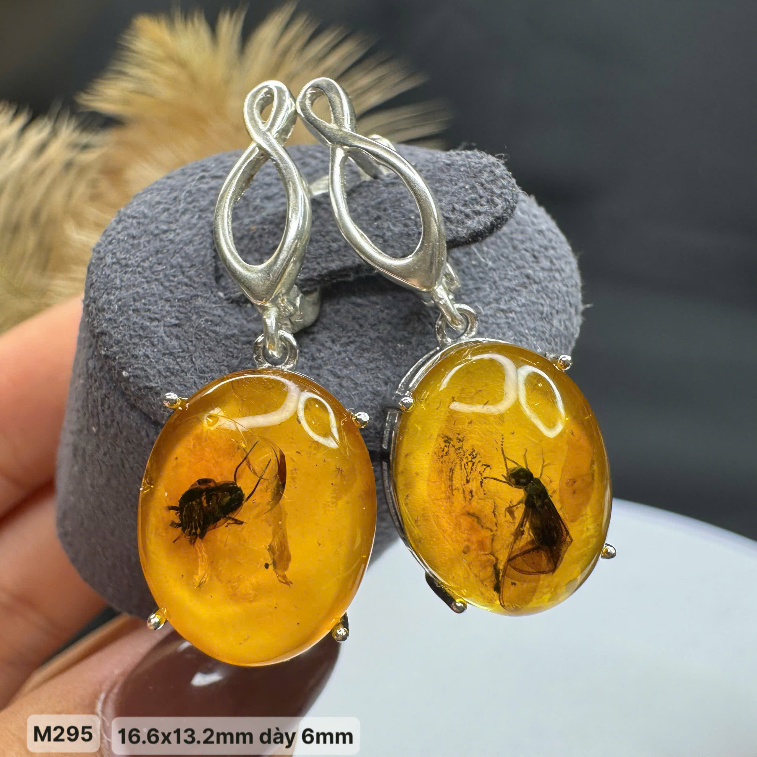 Hoa tai hổ phách côn trùng cổ đại VIP - M295