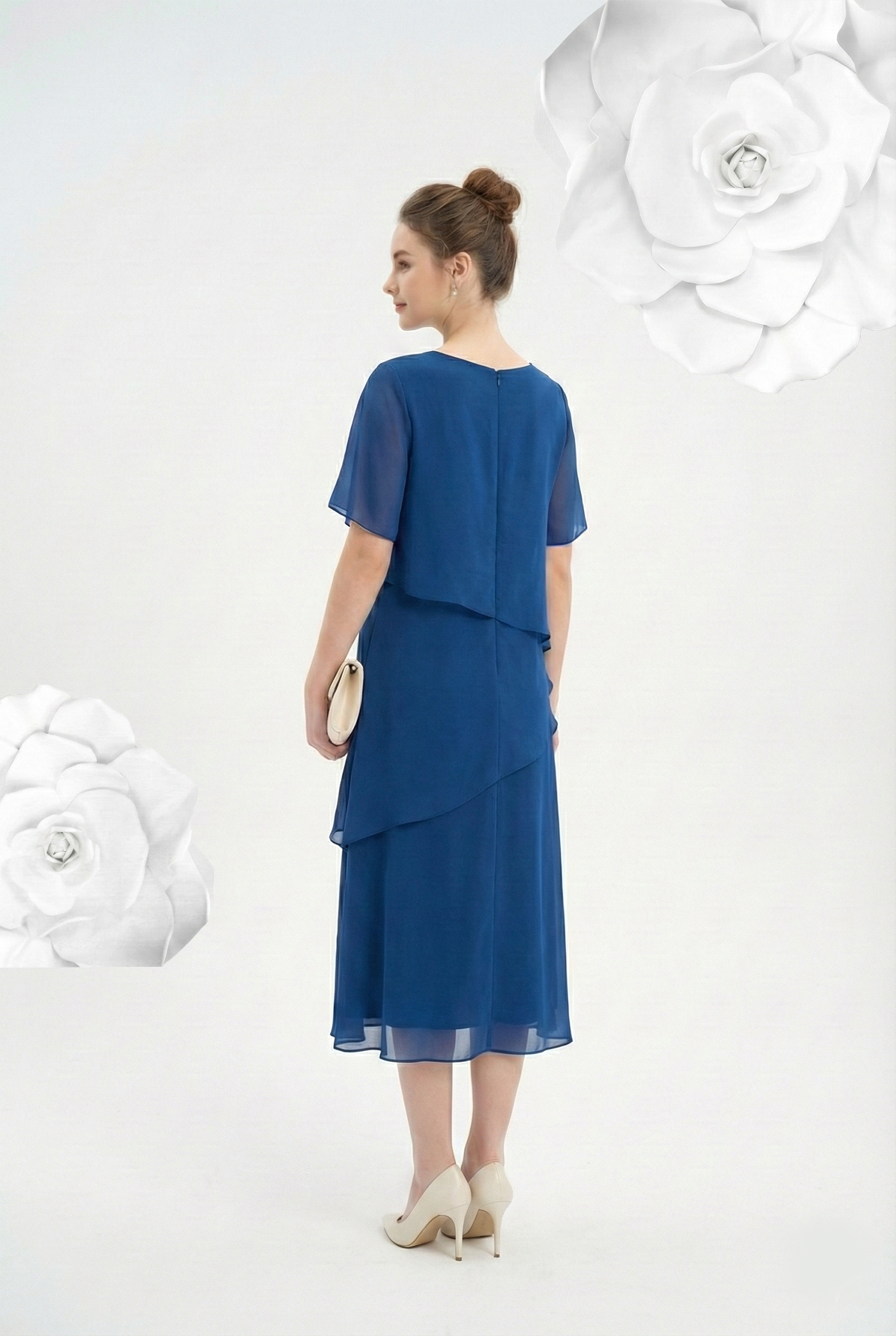 Đầm voan chiffon xanh đơn sắc dáng suông A cổ V tay ngắn đính hạt thiết kế MAZANO_thumbnail_4