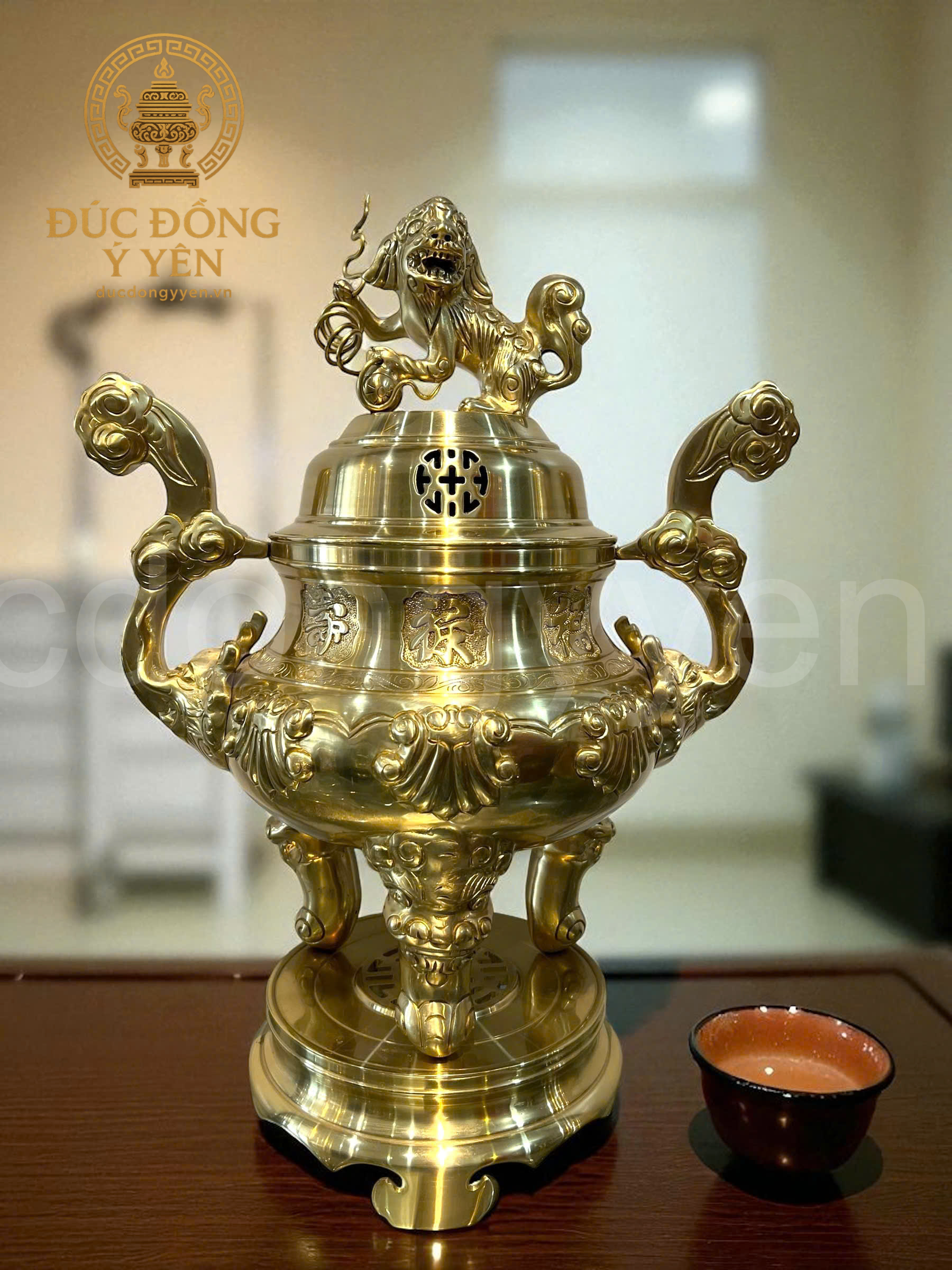 Bộ tam sự đỉnh hạc cao 50cm đúc đồng cát tút chạm hoa văn sòi chữ hán _thumbnail_1