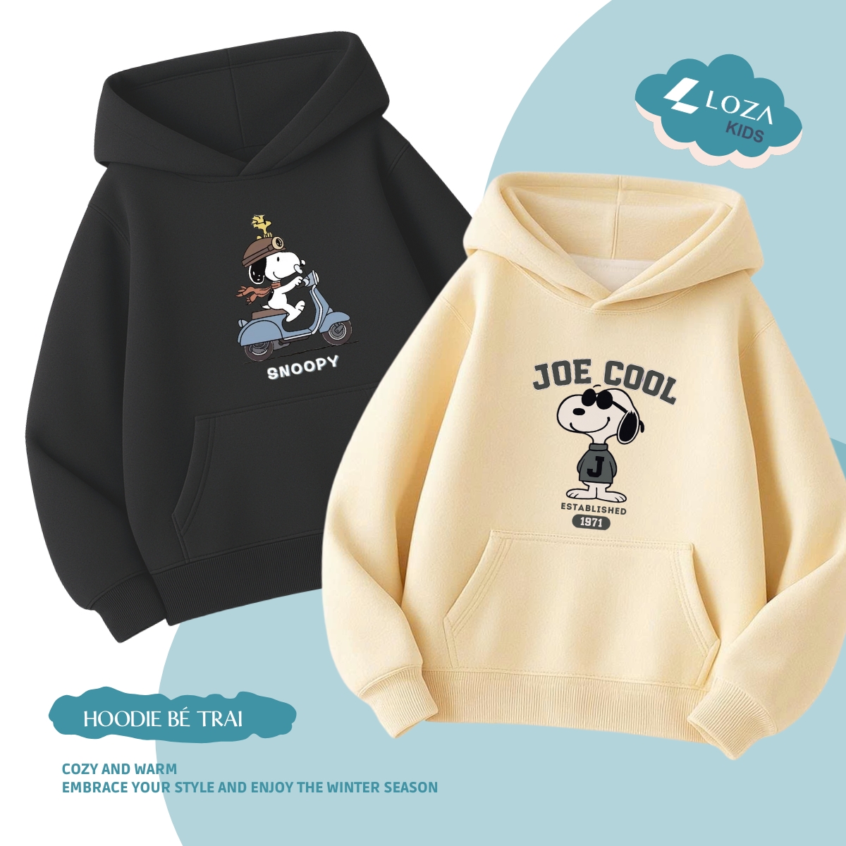 Áo nỉ hoodie bé trai in hình SNOOPY- Loza Kids HN002