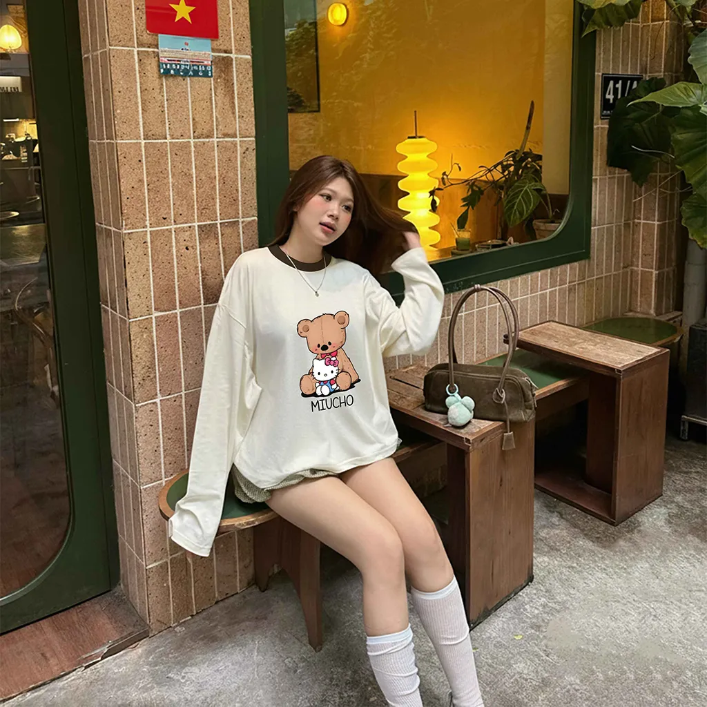 Áo thun boxy tay dài Miucho chất vải thoáng mát co giãn phối cổ mix màu Kitty Gấu nâu 2807_thumbnail_2