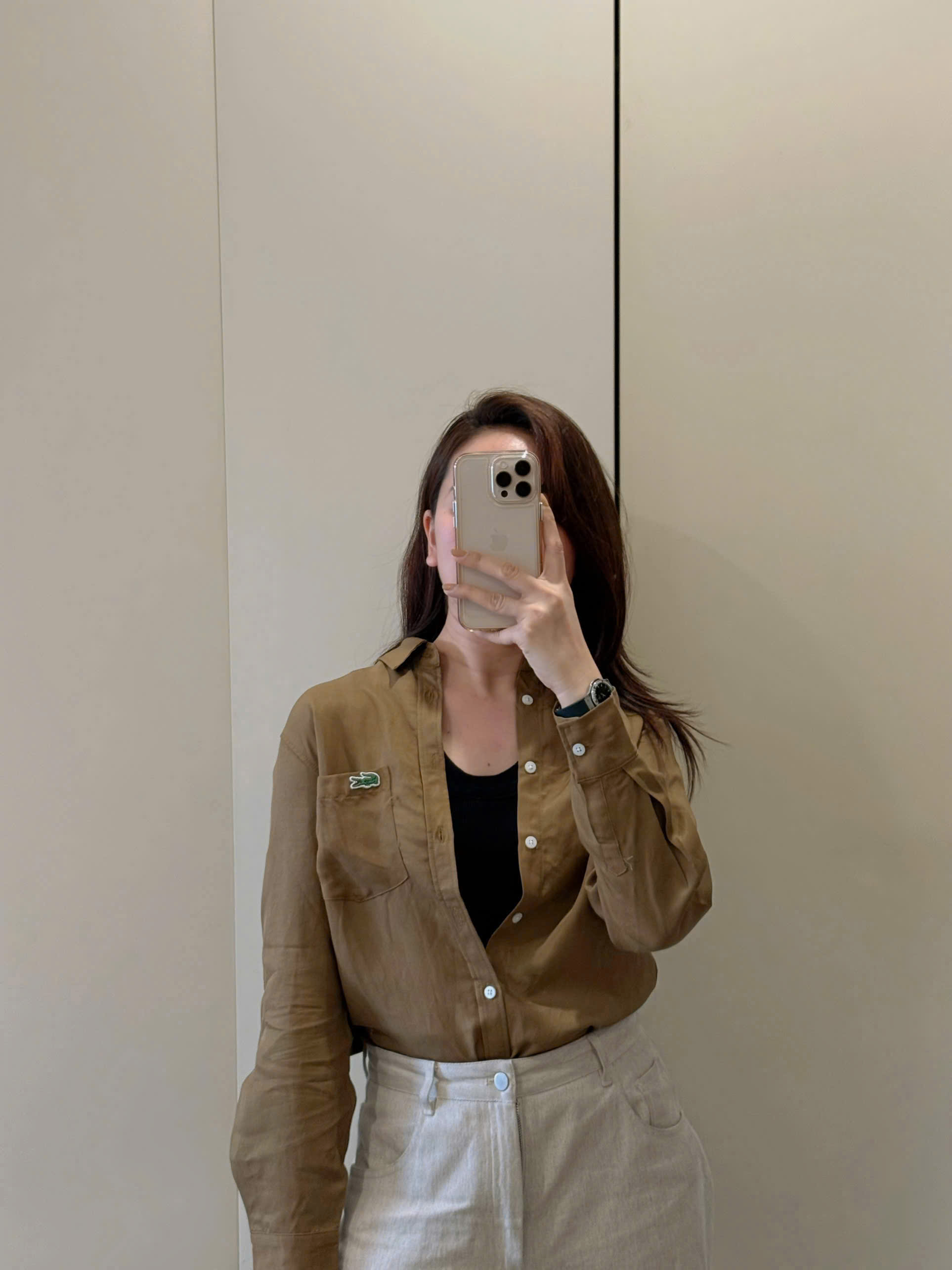 HA124 Áo somi tay dài cá sấu nâu