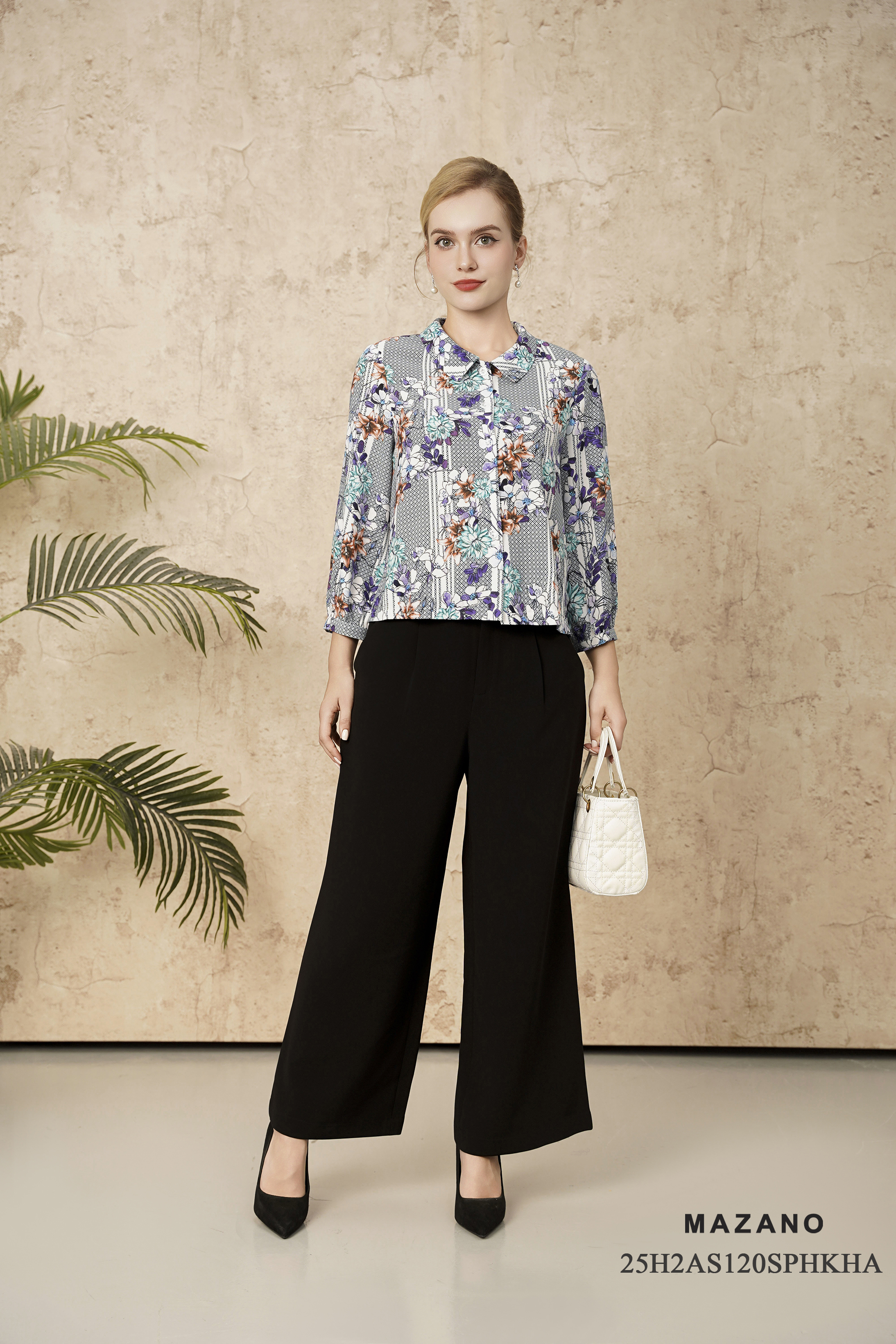 Áo sơ mi suông cài khuy Vải thô mỏng Họa tiết hoa lá cách điệu Cổ bẻ Tay dài Dài áo qua eo_thumbnail_2