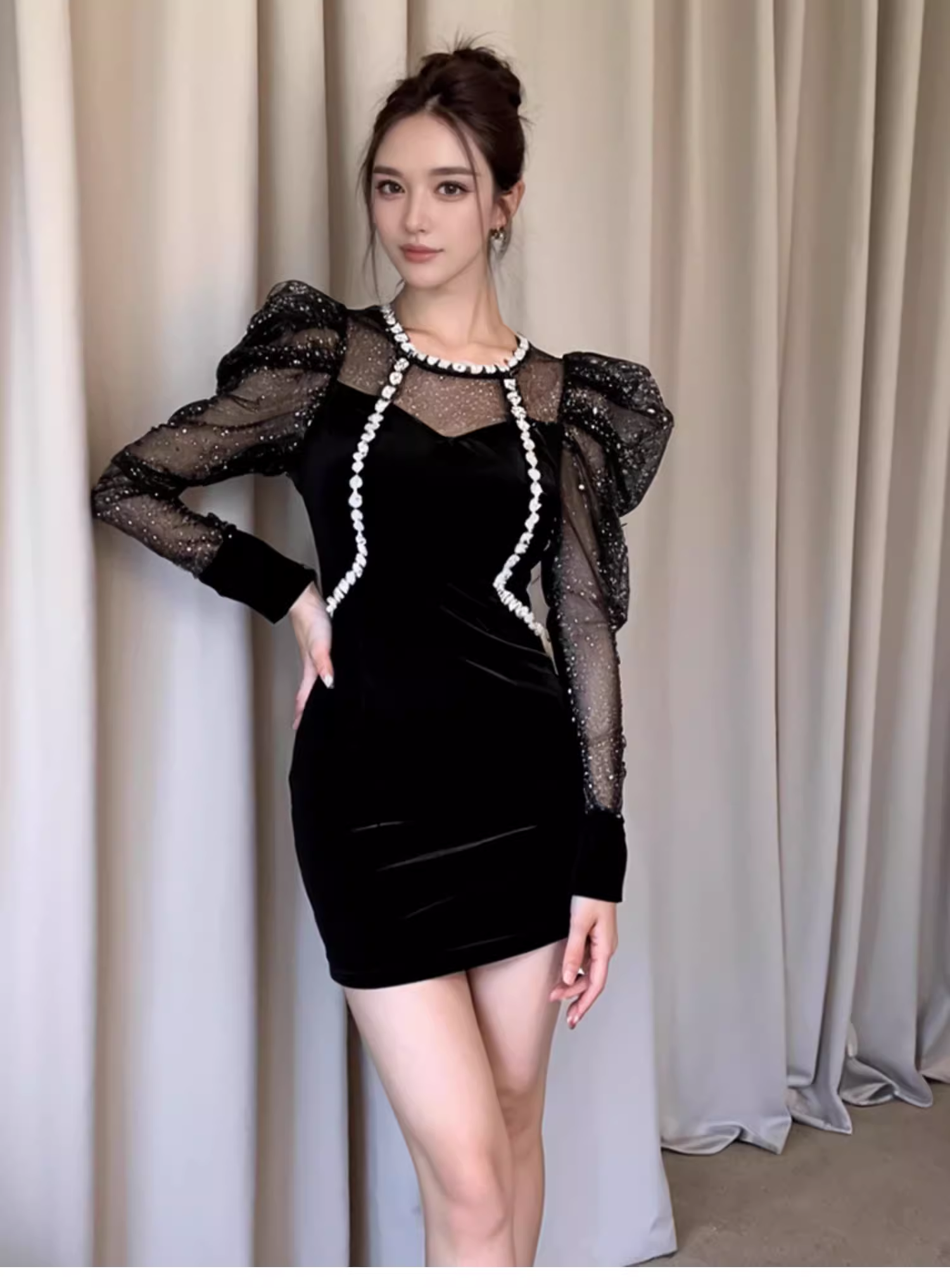 16338-Đầm body nhung phối tay voan lưới kim tuyến viền ren cách điệu ( thun nhung, voan lưới)_thumbnail_2