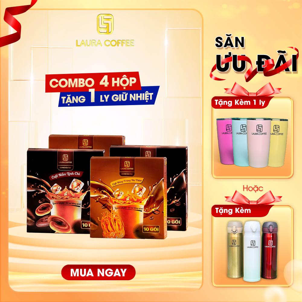 [QUÀ TẶNG] Combo 4 Hộp Mix vị Nấm Linh Chi + Đông Trùng Hạ Thảo - Laura Coffee - Nhật Kim Anh - Cà phê thảo mộc 2 vị Cafe