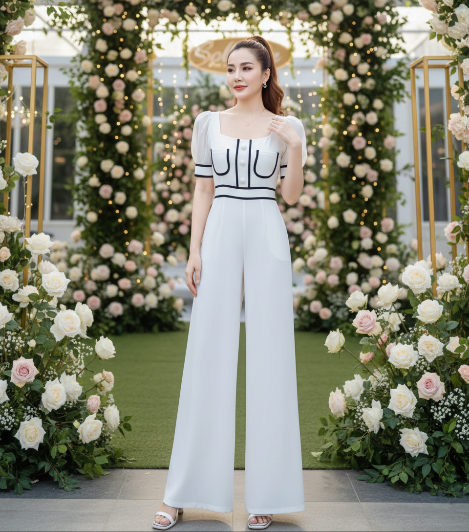 Jumpsuit dài cổ U tay bồng phối viền Phong Cách_thumbnail_2