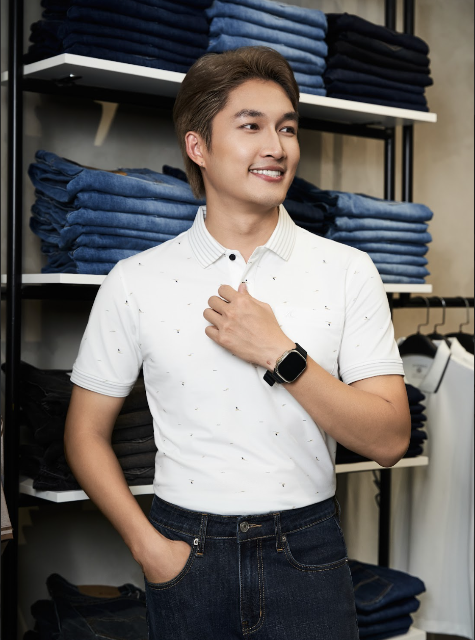 Áo Polo nam họa tiết buồm phối túi ngực bo sọc