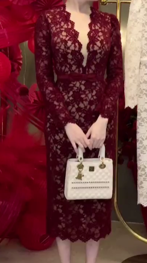 Đầm Bút Chì Ren Cổ V Tay Dài Thắt Nơ Eo