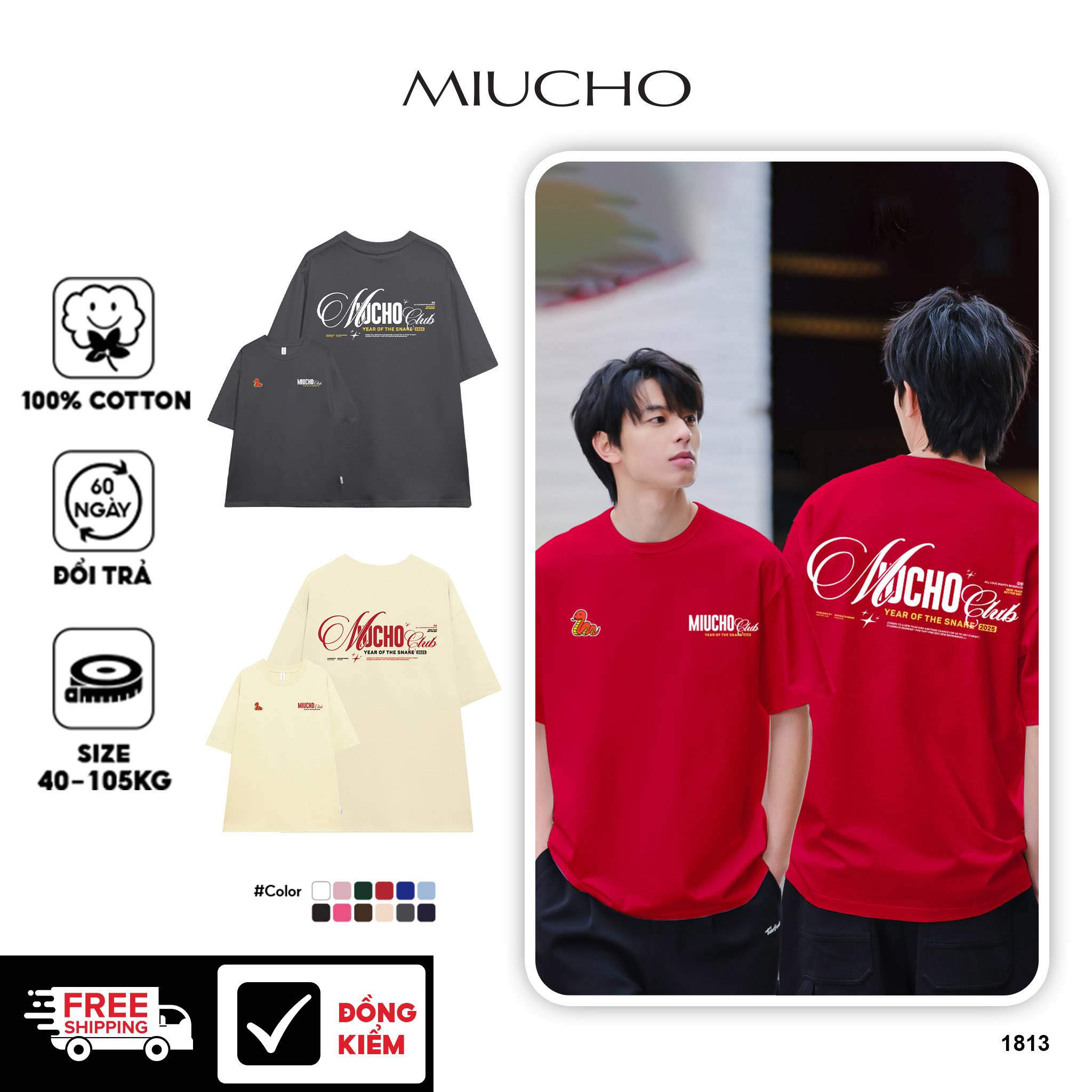 Áo phông tết nam form rộng cổ tròn vải cotton 4c co giãn thoáng mát 1813 Miucho in typography