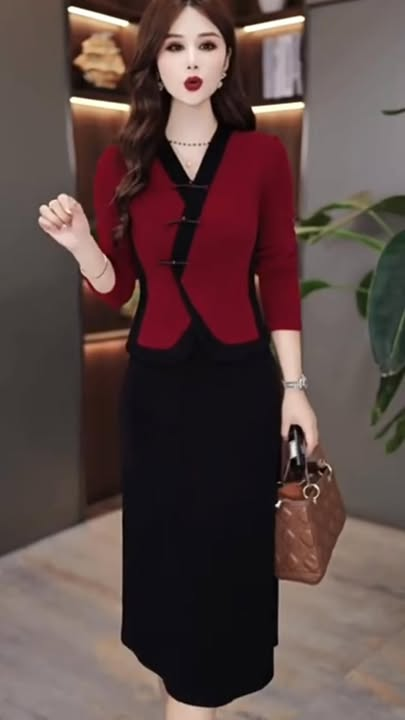 18162-Đầm suông peplum phối đen đỏ  kết nút tàu ( thun nhật)
