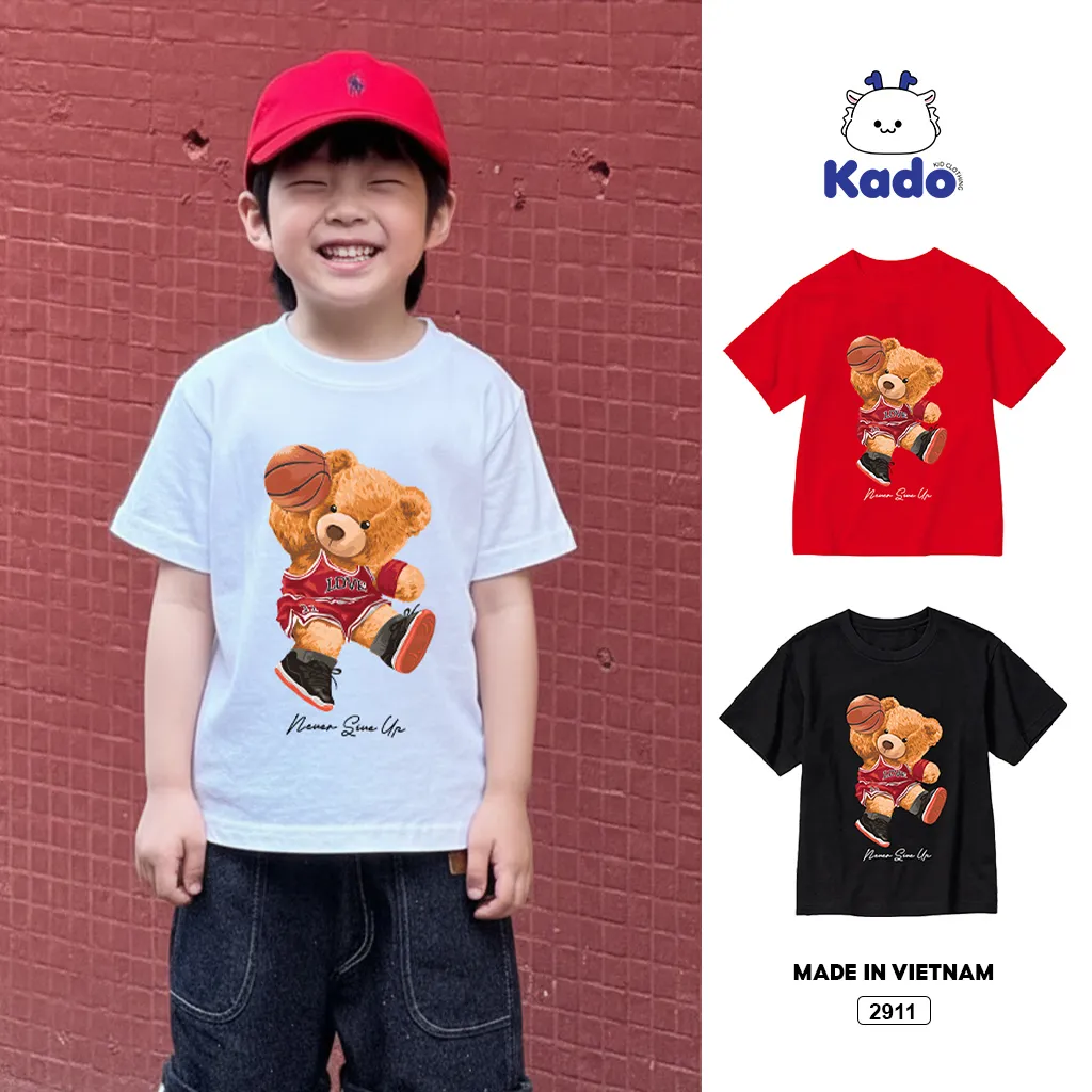 Áo thun cho bé trai bé gái Kado vải cotton dày dặn thoáng mát Gấu Teddy in artwork 2911