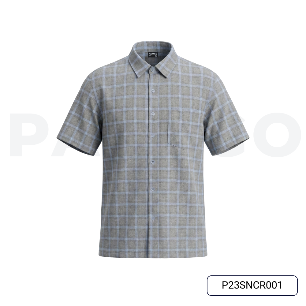 Áo sơ mi nam trung niên PAPAGO tay ngắn lai ngang vải đũi kẻ sọc caro - P23SNCR001