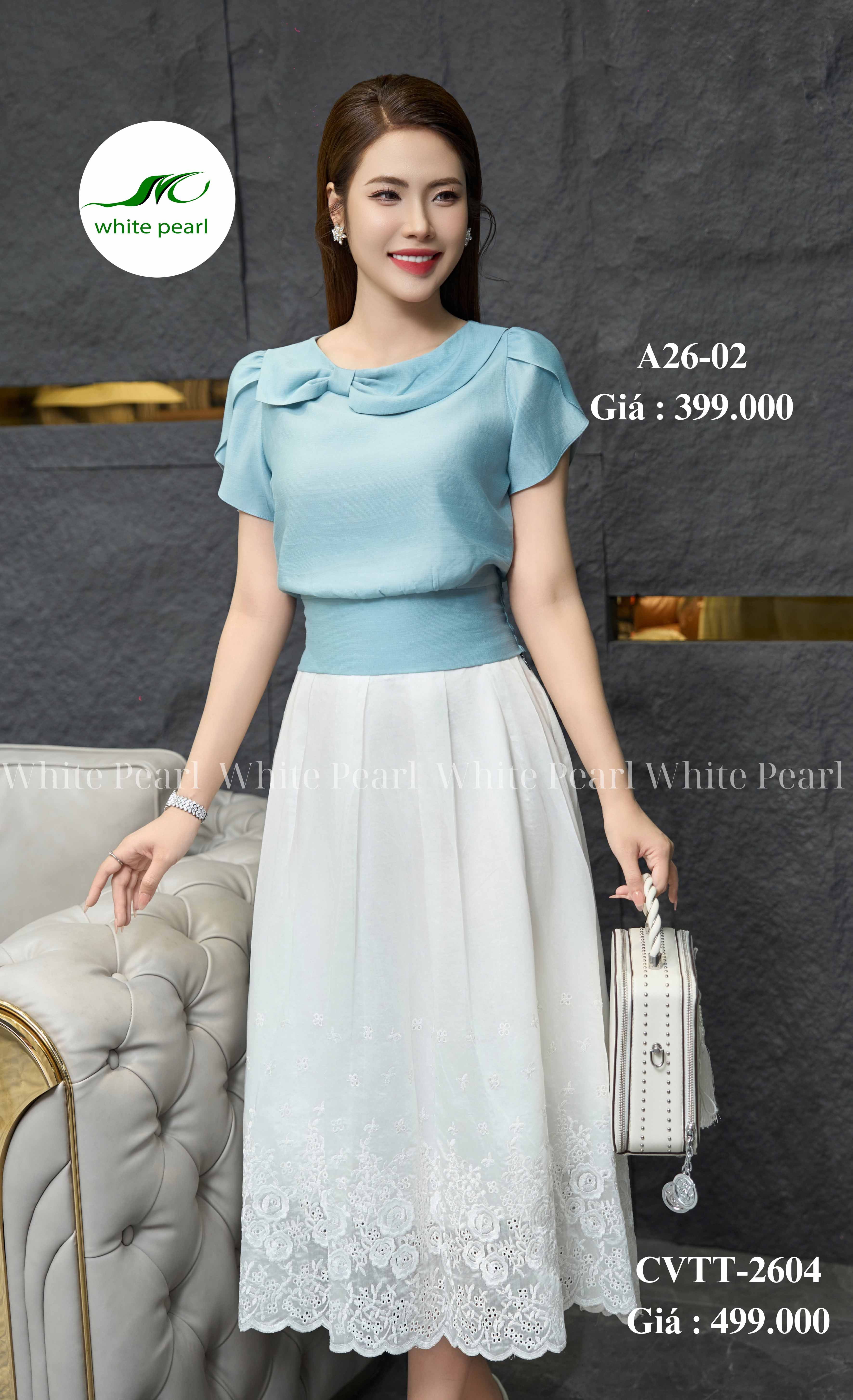 Áo sơ mi bo chun thắt nơ thời trang công sở cao cấp White Pearl