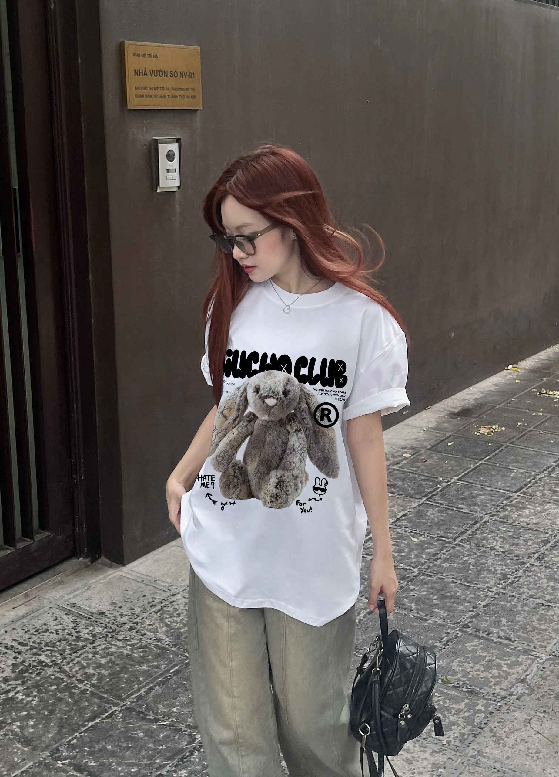 Áo thun thỏ Bunny form rộng local brand ATD1254 Miucho tay ngắn cổ tròn in mix_thumbnail_5