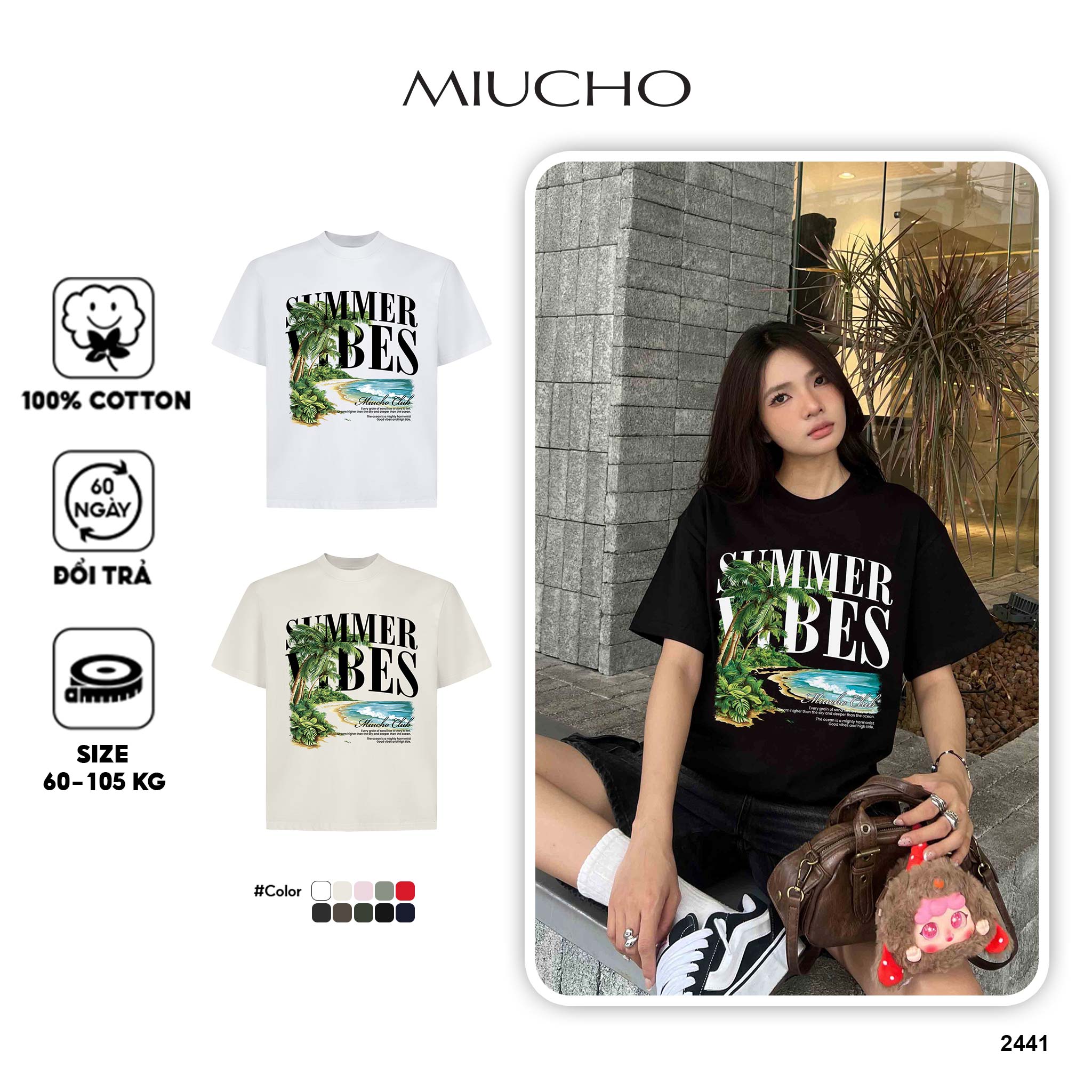 Áo thun boxy hè biển AXD2441 Miucho chất vải cotton 2 chiều cao cấp dày dặn đứng form in mix