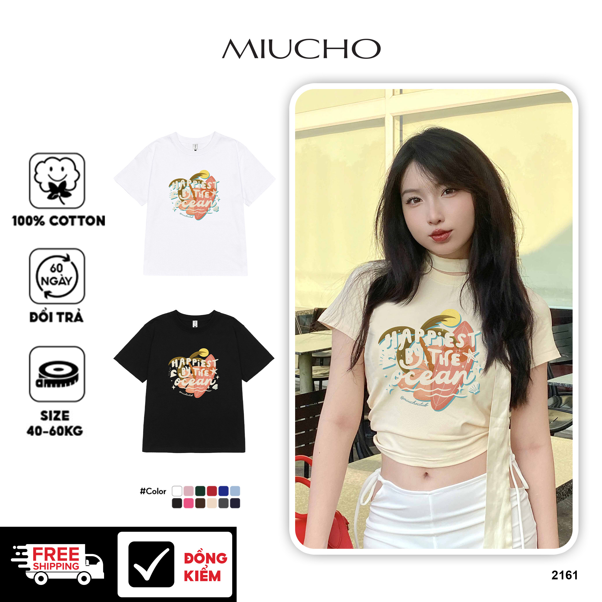 Áo baby tee ôm body hè biển 2161 Miucho cổ tròn vải cotton 4c thoáng mát in mix