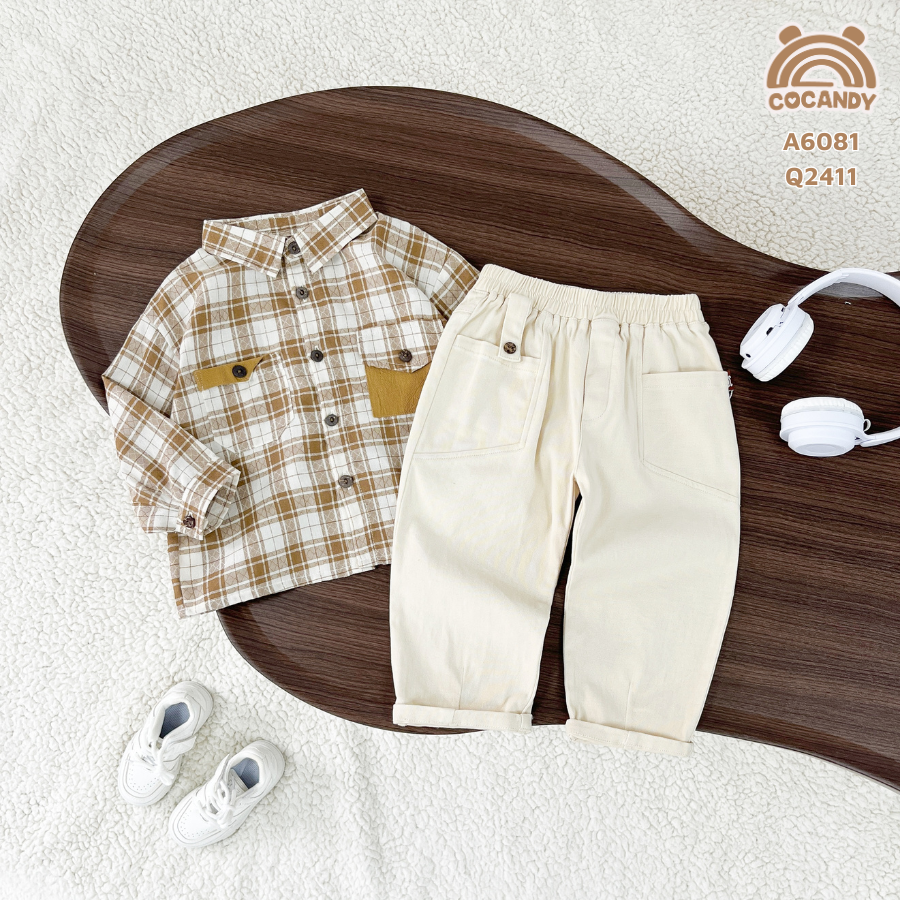 Áo dài caro NÂU 2 túi ngực cúc gỗ_thumbnail_2