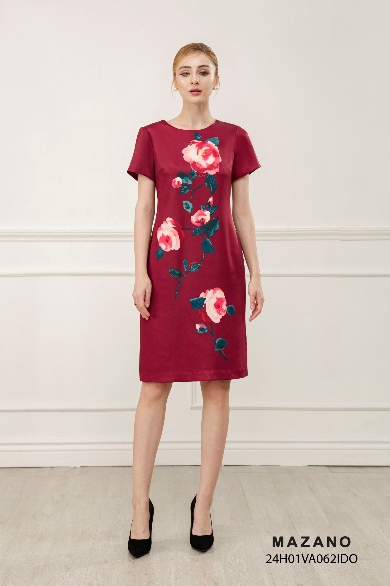 Váy Đầm Suông Vải lụa dày dặn Họa tiết hoa hồng cách điệu Cổ tròn vừa Tay ngắn dài đến gối_thumbnail_0