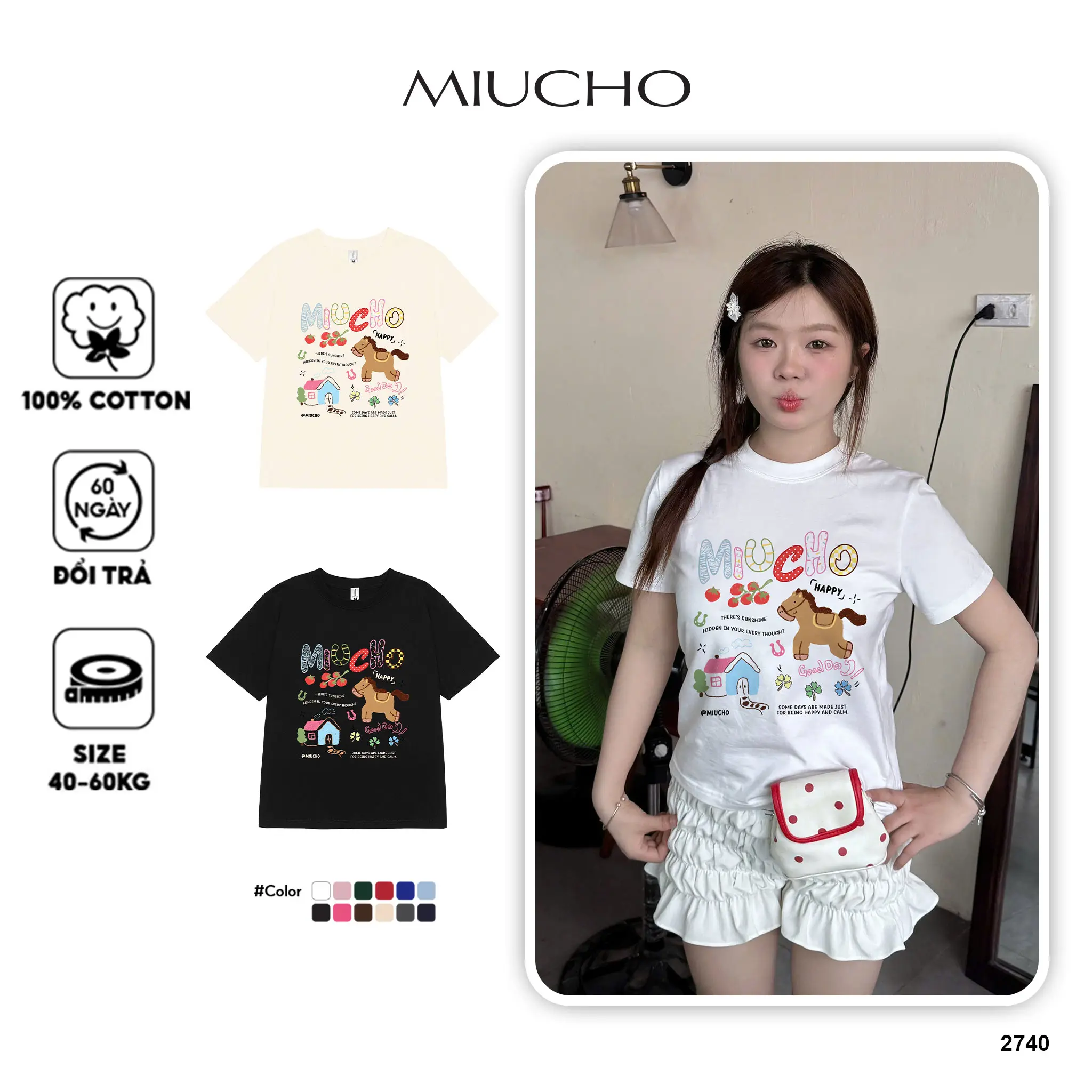 Áo baby tee nữ Miucho cotton co giãn 2 chiều thoáng mát cartoon in mix dễ thương nhiều màu 2740