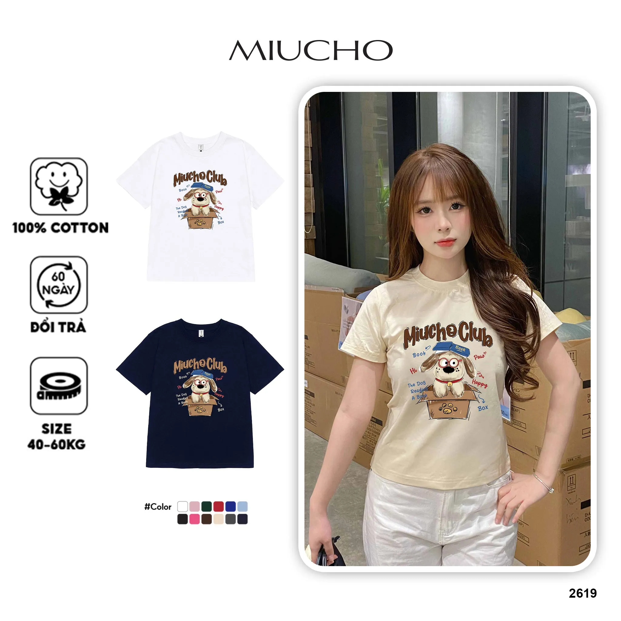Áo baby tee nữ cute puppy nhiều màu 2619 Miucho vải cotton 2c thoáng mát co giãn in mix