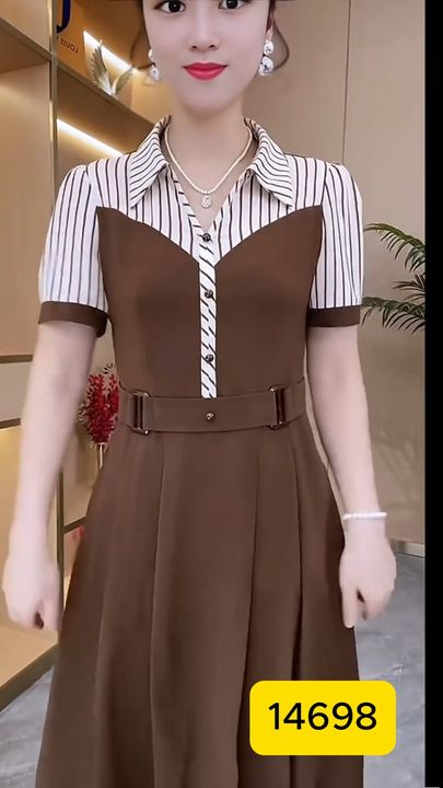 14698-Đầm xòe nâu phối trắng sọc phía trên (chéo nhật, lụa sọc)_thumbnail_0