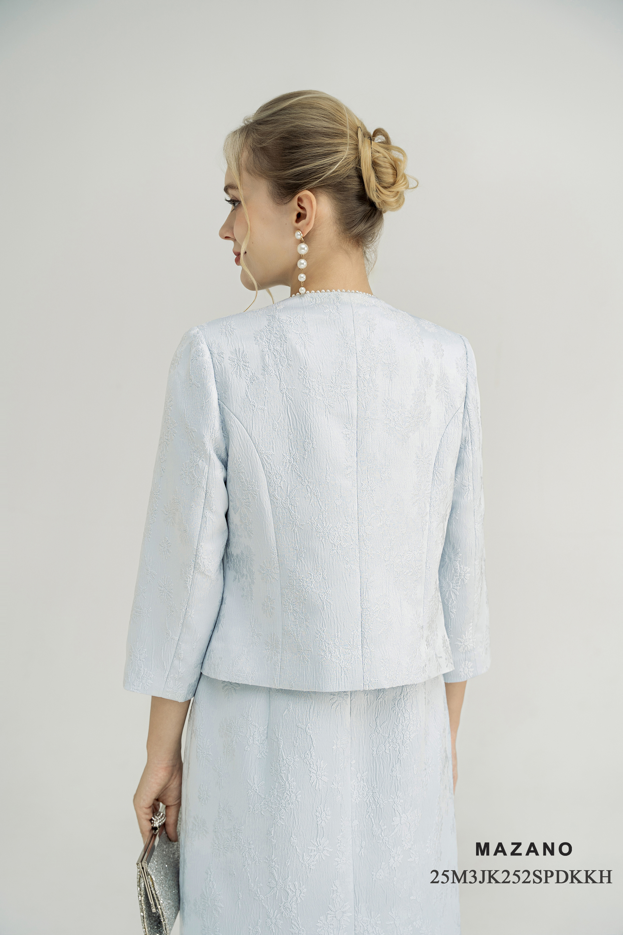 Áo khoác ngắn Suông Vải tafta gấm Họa tiết hoa chìm 3D Đính trang trí ngọc trai Dài dưới eo_thumbnail_4