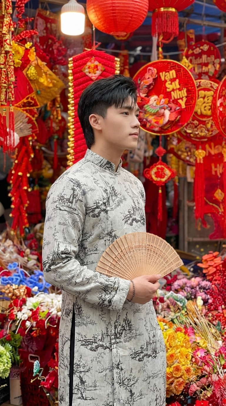 Áo Dài Nam Trắng Họa Tiết Mực Tàu