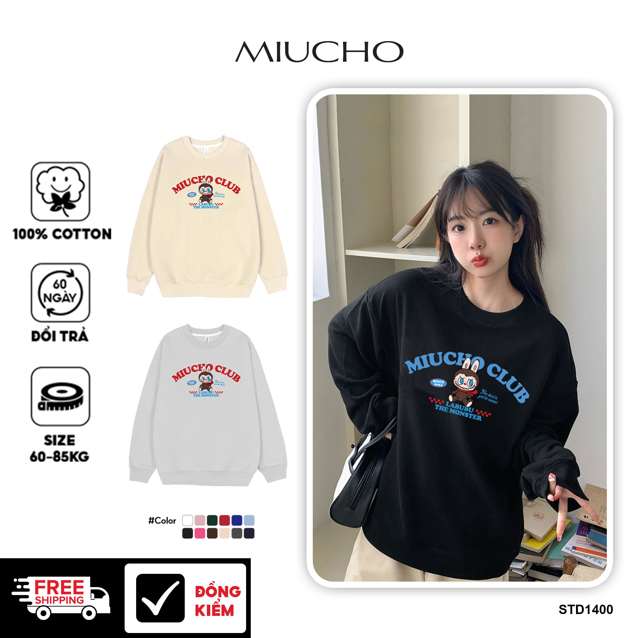 Áo sweater labubu dày dặn STD1400 Miucho vải nỉ chân cua tay dài in mix