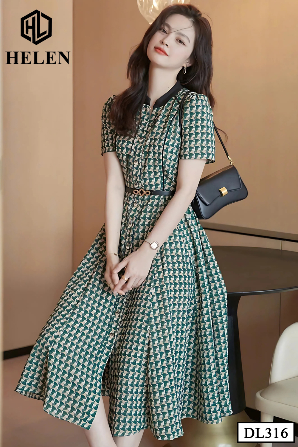 Đầm xòe họa tiết xanh cổ tàu DL316