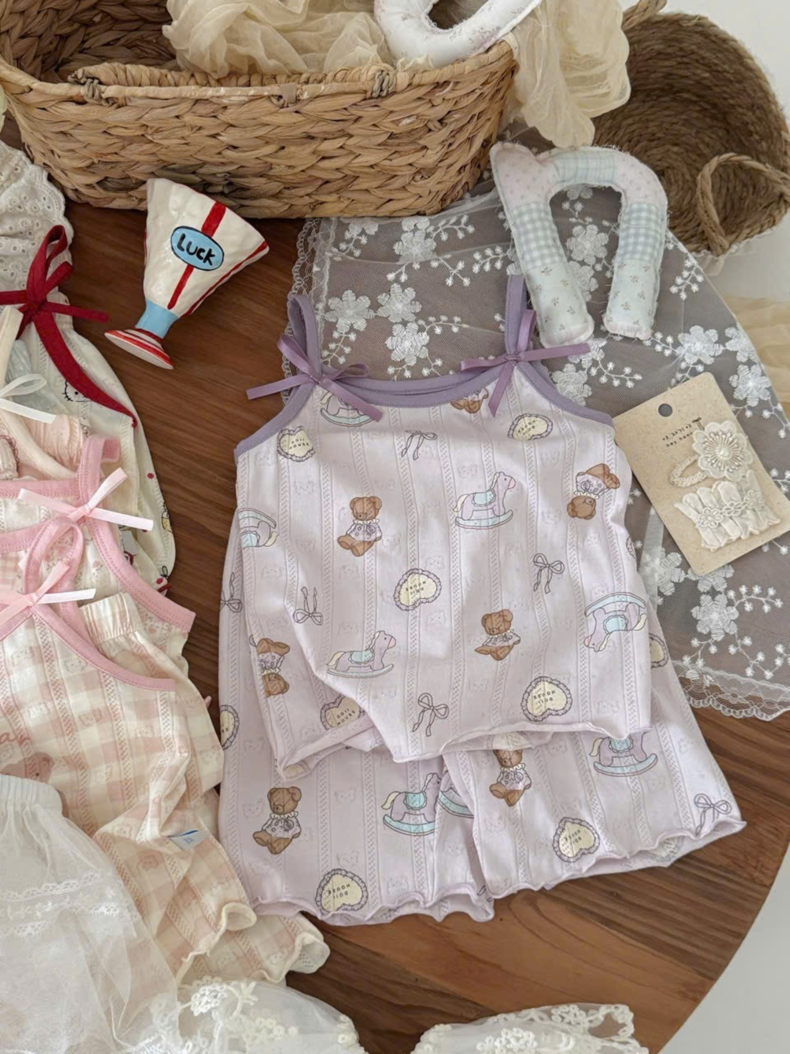 V16 -  Set ngủ cotton tím  nơ vai họa tiết gấu 2 chi tiết hãng HeyHoney