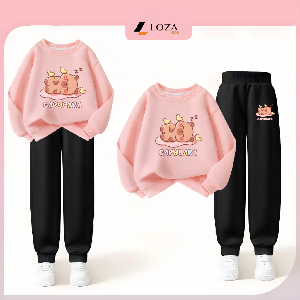 Set bộ nỉ bé gái in hình Capybara nằm ngủ - Loza Kids BI476
