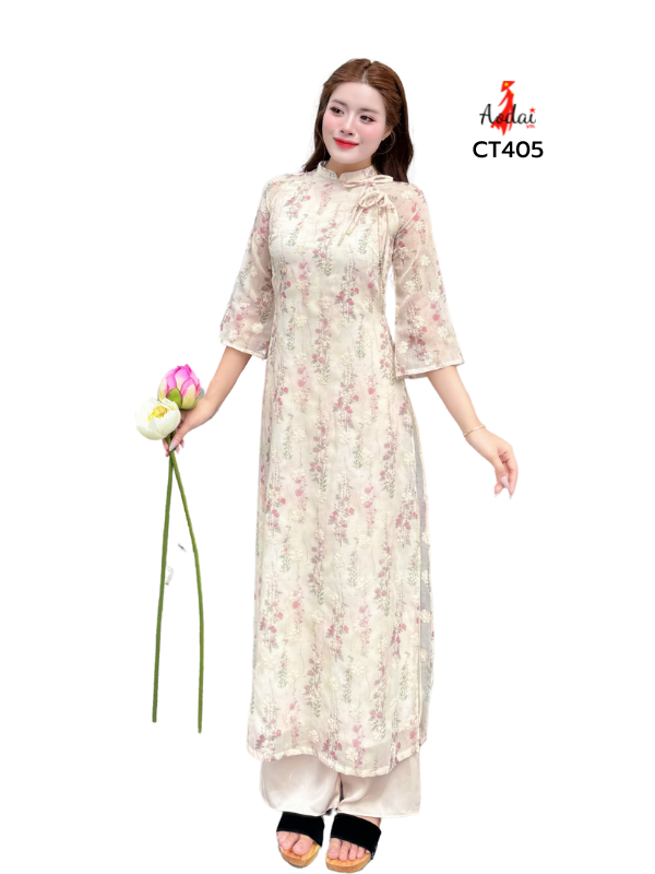 CT405-Áo dài cách tân 4 tà màu be, cổ cao 2cm tay lỡ