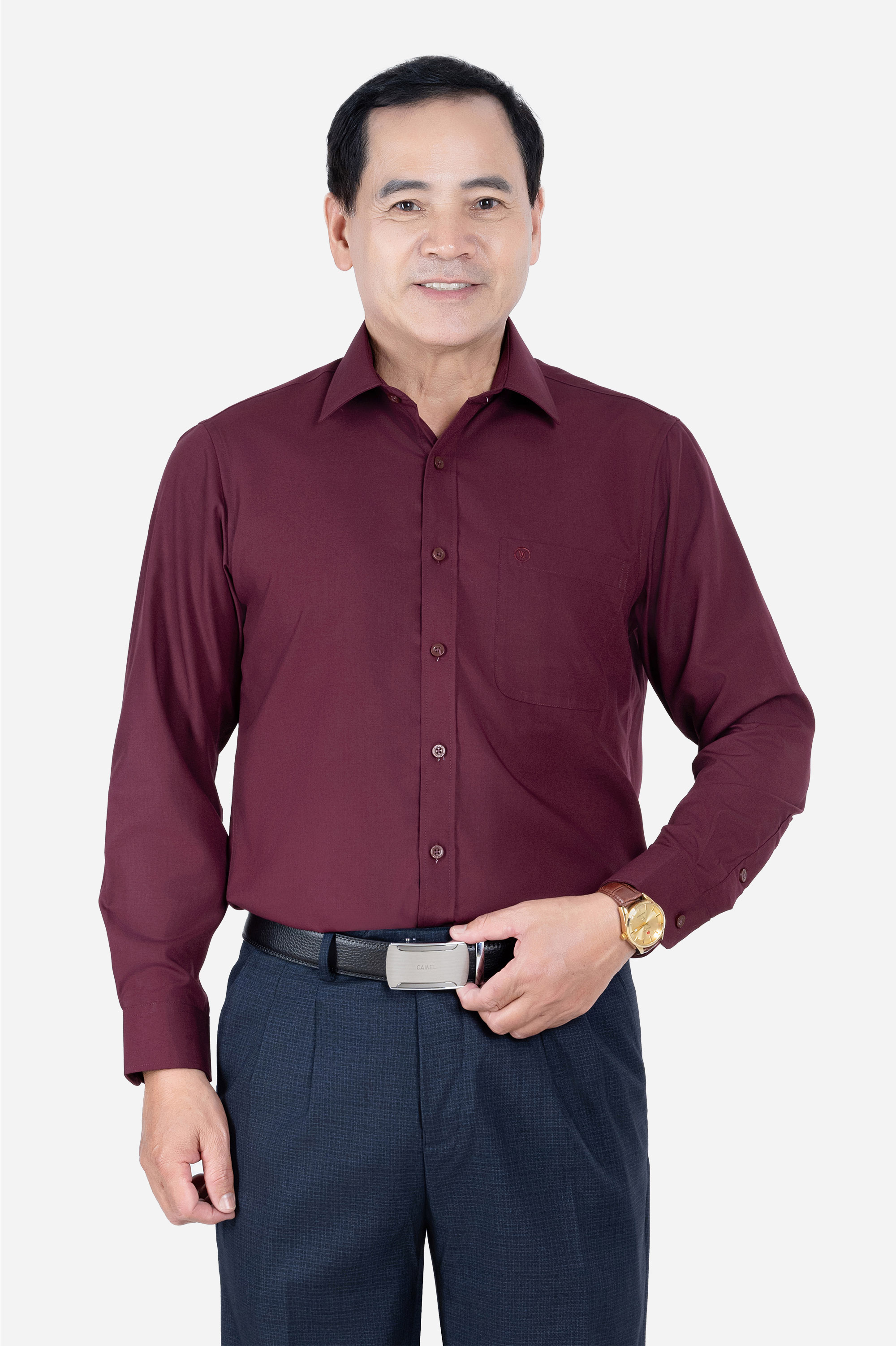 Sơ Mi Trơn Dài Tay Nam Trung Niên ANCHi Chất Liệu Cotton Nhập Khẩu Màu Đỏ Đô