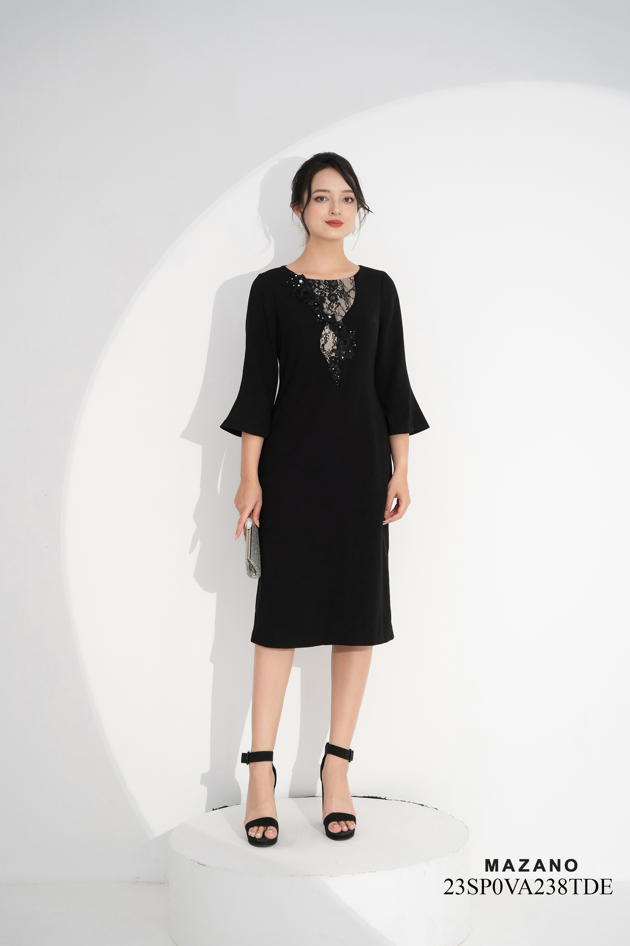 Váy Đầm Suông Vải thô sạn phối ren Cổ tròn đính trang trí Tay lỡ Dài qua bắp chân