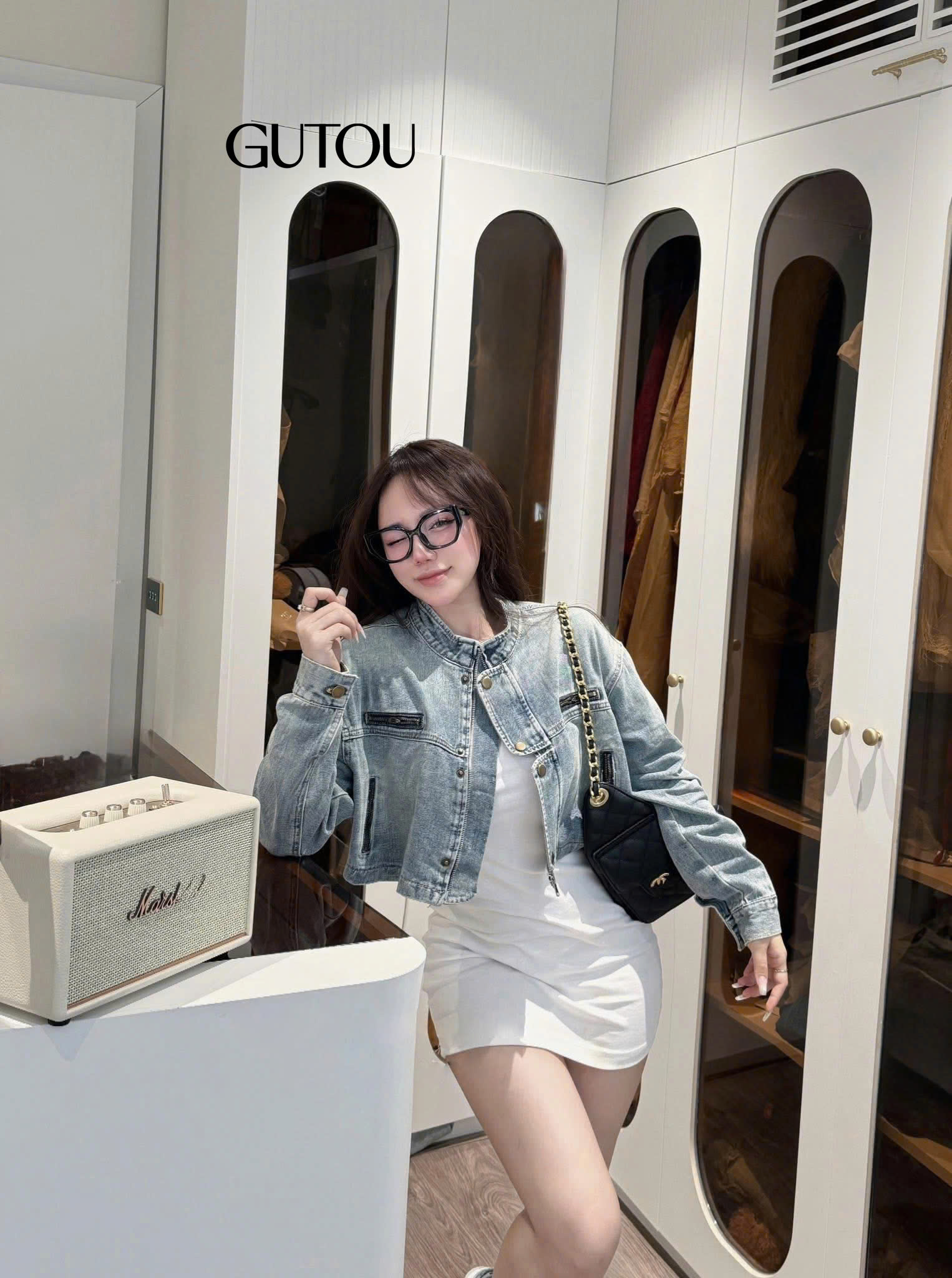 [ GUTOU ] Áo Khoác Jean Cổ Trụ Wash Nhạt