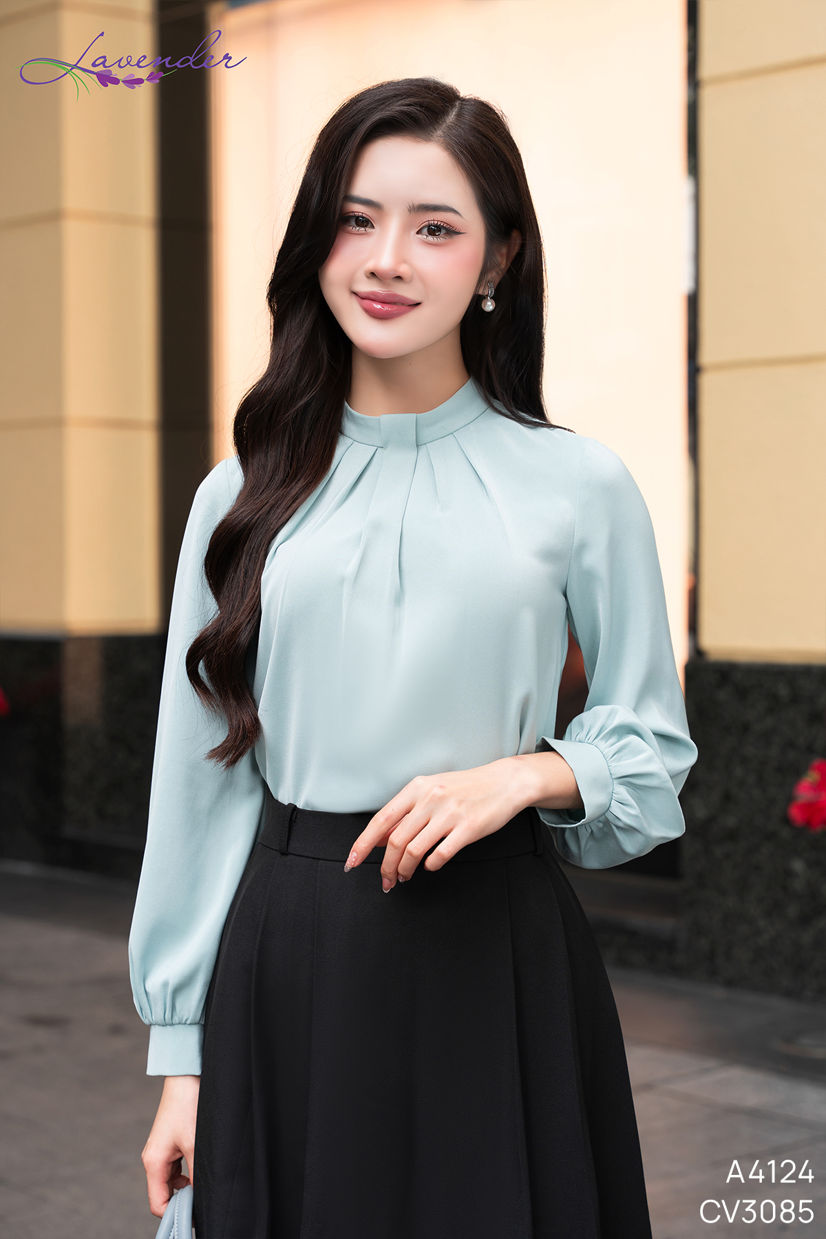 Áo sơ mi cổ trụ tay dài 2 màu xanh ngọc, đen A4124_thumbnail_2