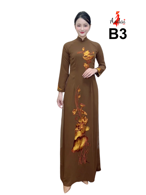 Bộ B3 Áo dài màu nâu thêu hoa sen cổ cao 3cm tay dài