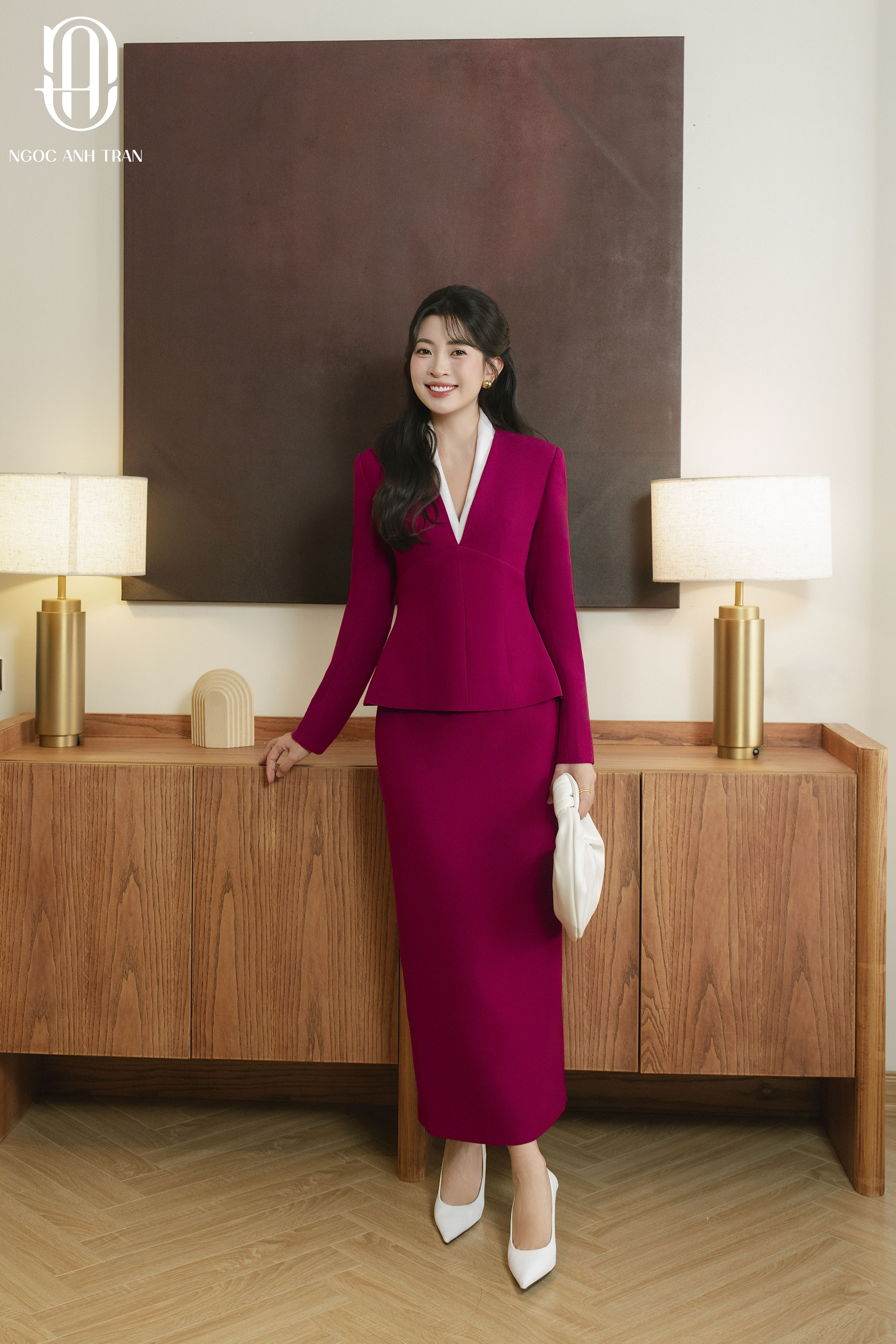 A218 - Set áo kiểu hồng dài tay Deep Fuchsia cổ V phối chân váy_thumbnail_2