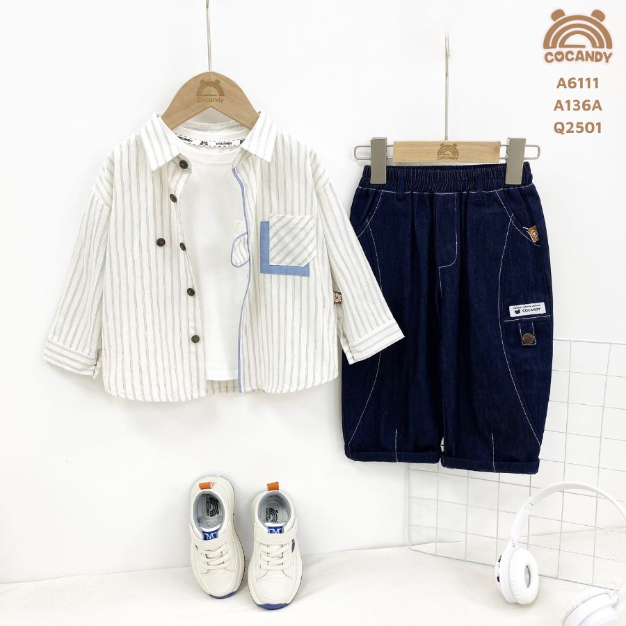 Áo dài sơ mi BE kẻ sọc túi ngực phối XDƯƠNG_thumbnail_1