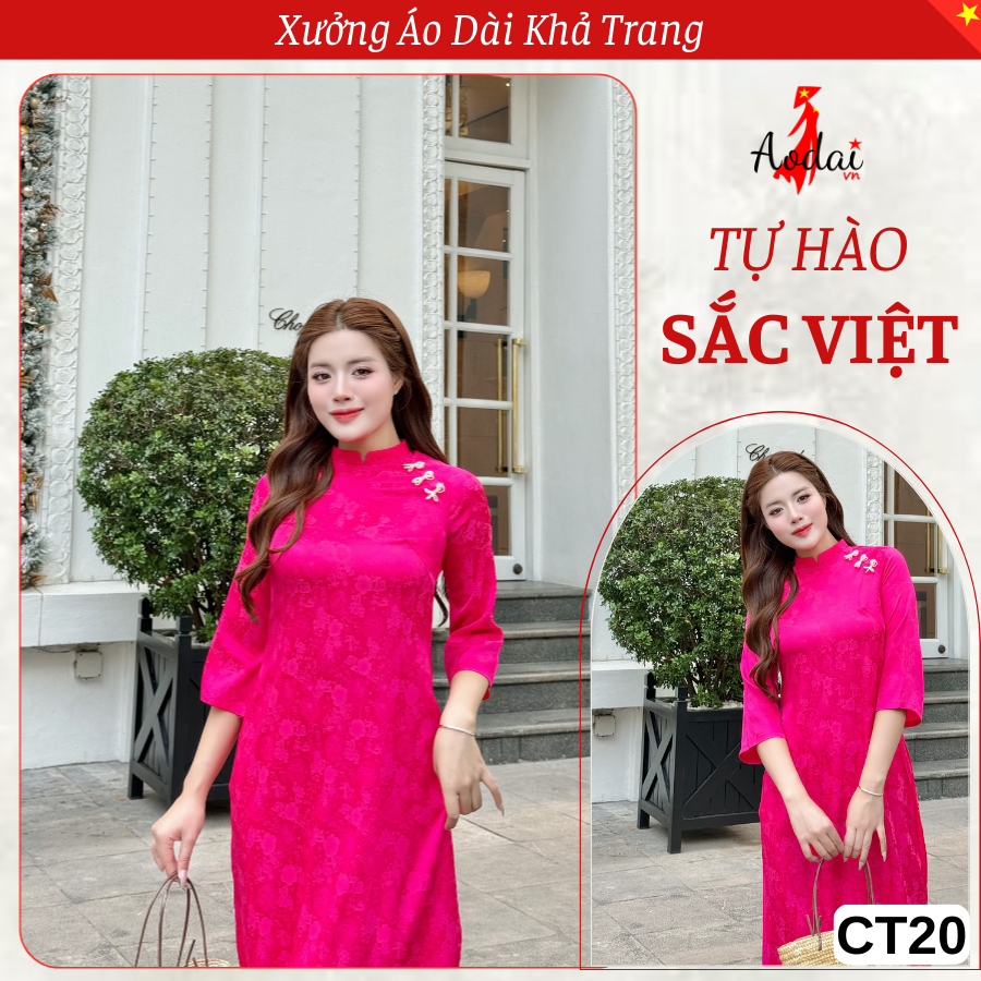 Bộ Áo Dài Cách Tân CT20 Dáng Suông màu Hồng Sen Cổ Cao 2Cm màu Hồng Sen