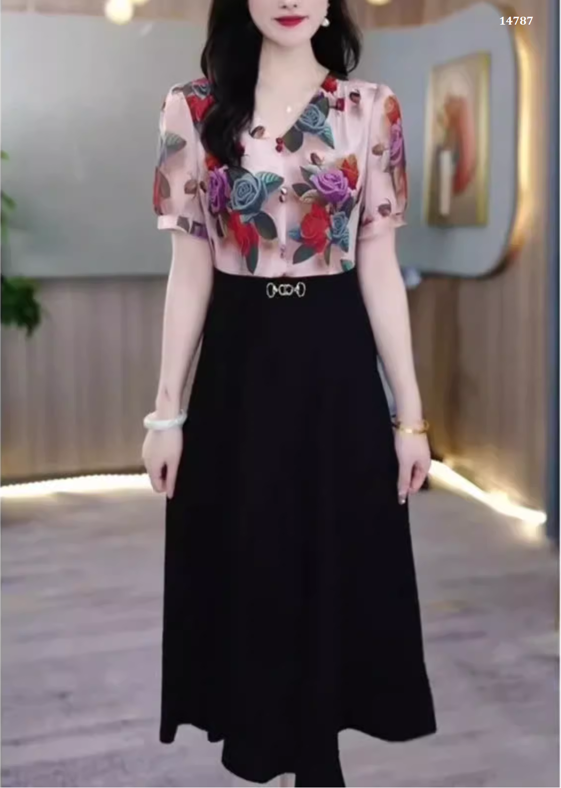 14787-Đầm xòe đen phối thân áo in hoa 3D (thun lụa phối voan in) 14787_thumbnail_1