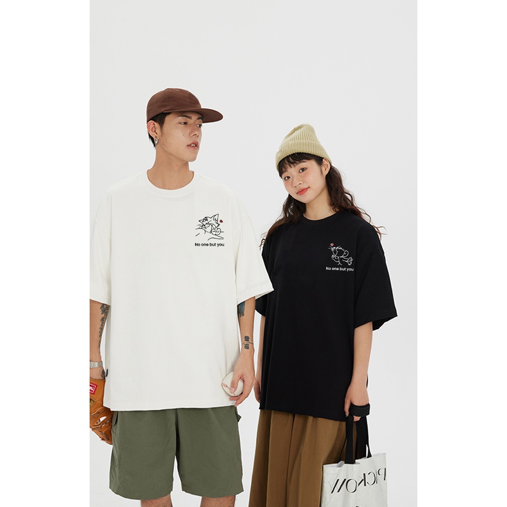 Áo thun couple form rộng cute hoạt hình unisex ATD1055 Miucho vải cotton tay lỡ cổ tròn in mix_thumbnail_4