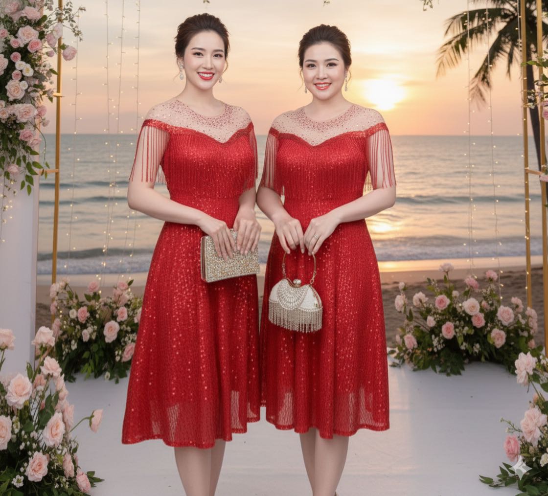 Đầm dạ hội dự tiệc kim sa lửng phối tua rua cao cấp